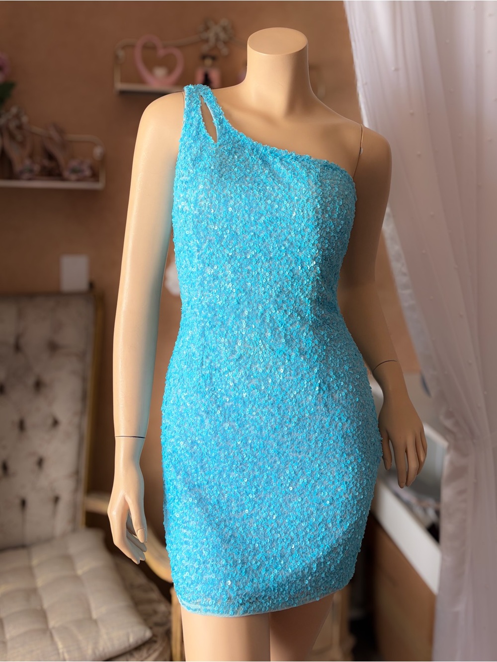 Primavera Aqua Sequin Open Back Homecoming Mini Dress Small